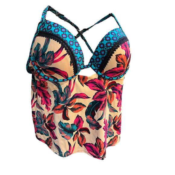 Shade & Shore 34C Teal Pink Aztec Print Underwire Tankini Swim Top - Picture 3 of 6